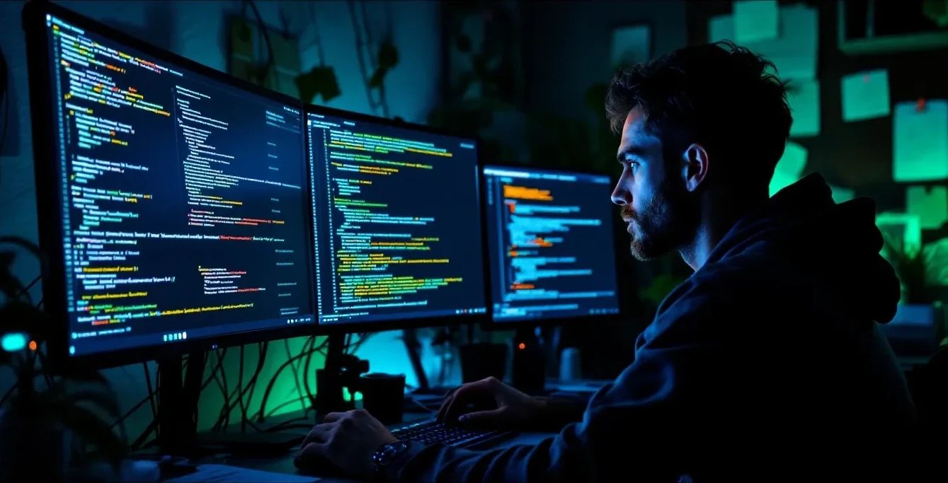 Photoreal editorial scene: a developer's dimly lit workstation at night, multiple monitors showing terminal windows with