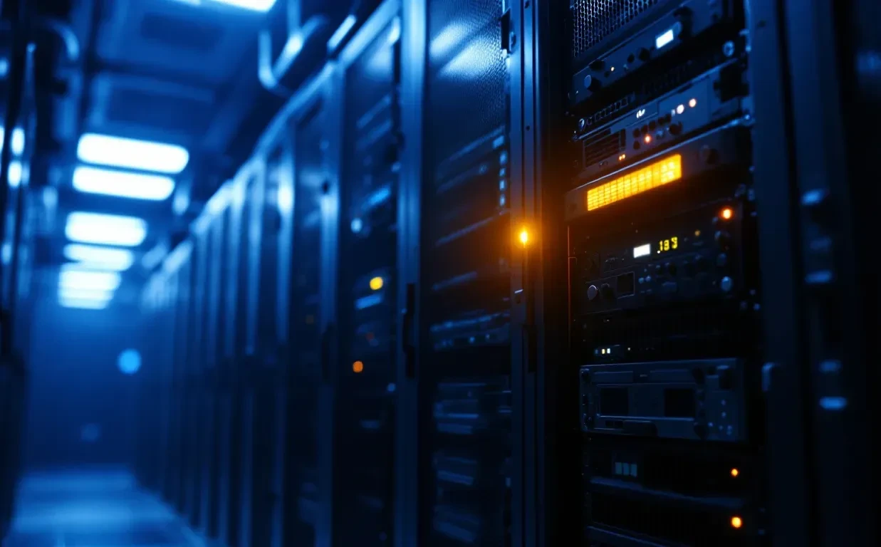 A photoreal editorial scene of a server room bathed in low blue light, with a single rack of servers visibly older and d