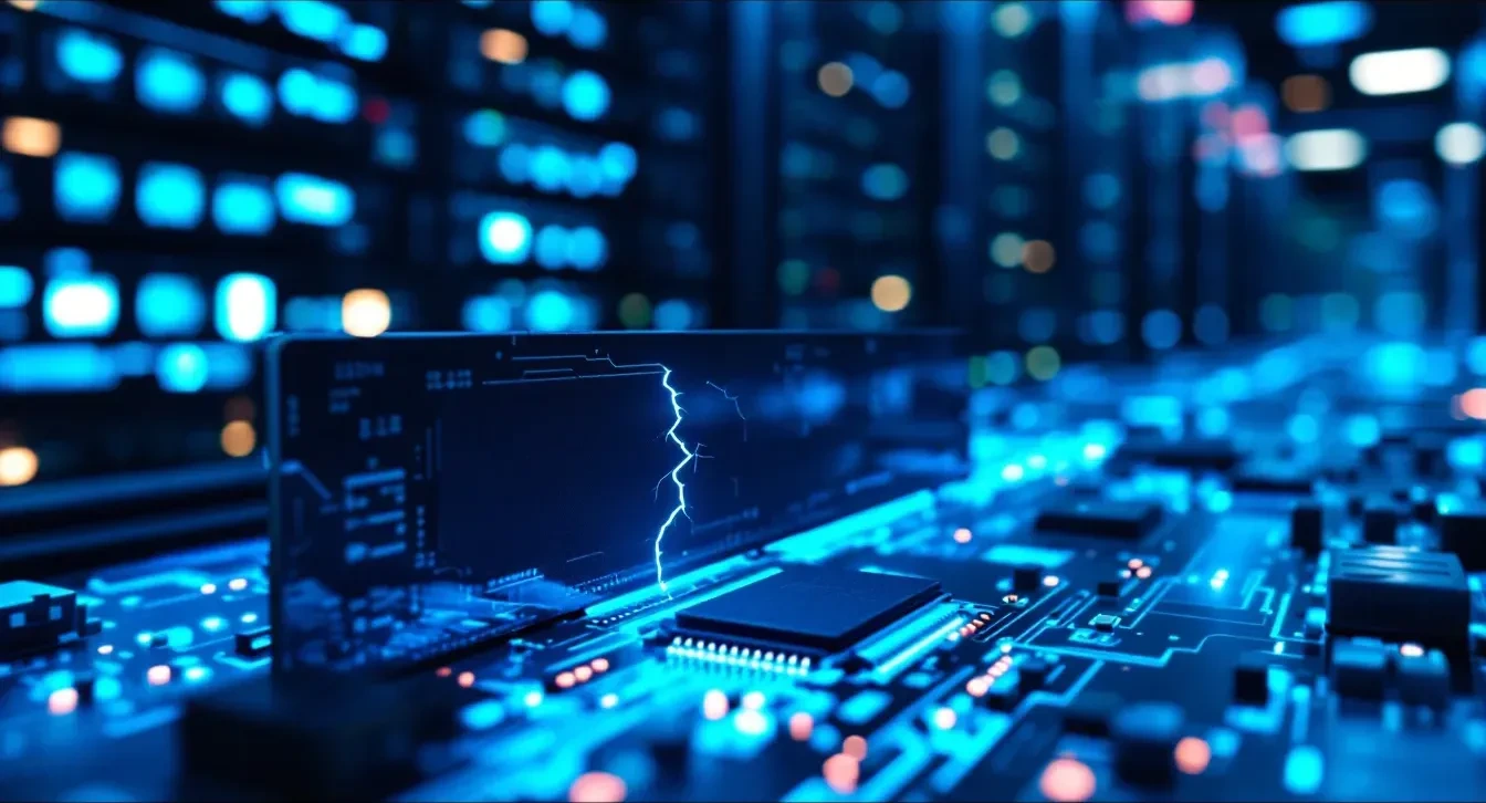 A photoreal editorial scene showing a glowing server rack inside a dark data center, with a single open circuit board in