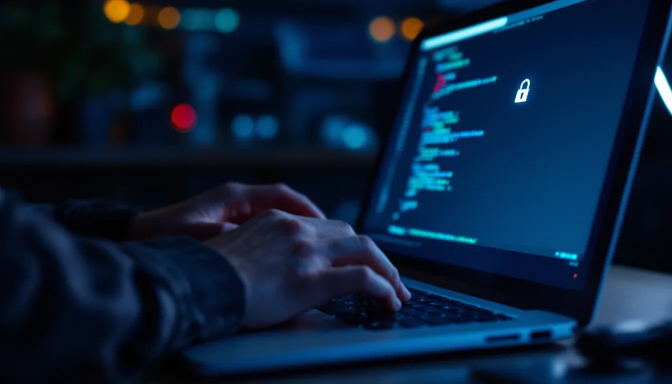 A photoreal close-up of a developer's hands on a laptop keyboard in a dimly lit office, the screen casting a blue glow s