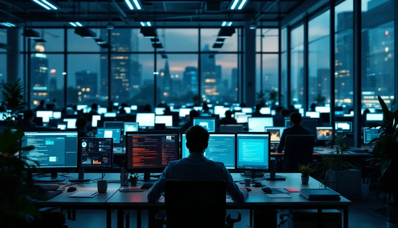 A photoreal editorial scene of a large open-plan corporate office in a European city at dusk, rows of monitors glowing w