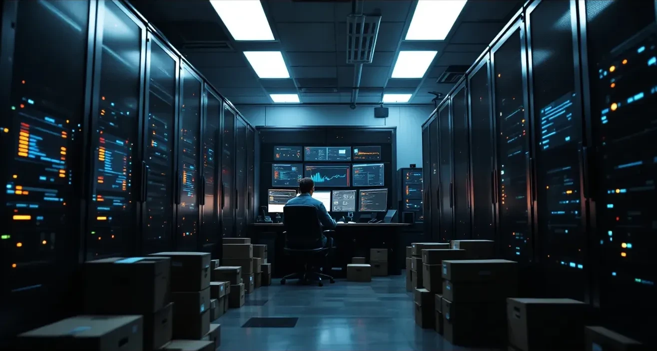 A wide-angle photoreal editorial scene inside a dimly lit federal government server room: rows of rackmounted servers wi