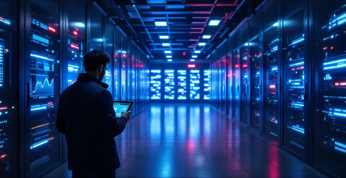 Photoreal editorial scene: a dimly lit server room with rows of illuminated rack-mounted servers casting blue and white 