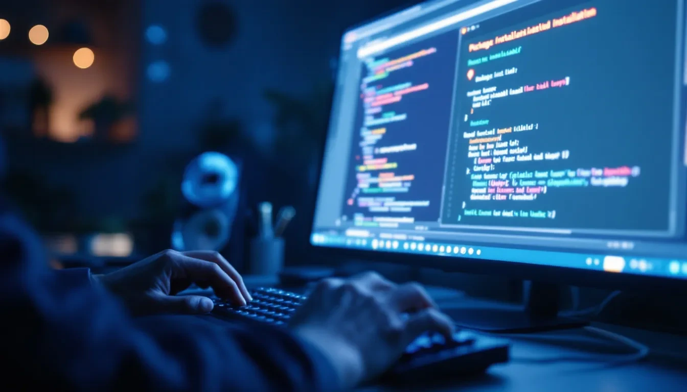 Photoreal editorial scene: a close-up of a developer's hands at a mechanical keyboard in a dimly lit office, a terminal 