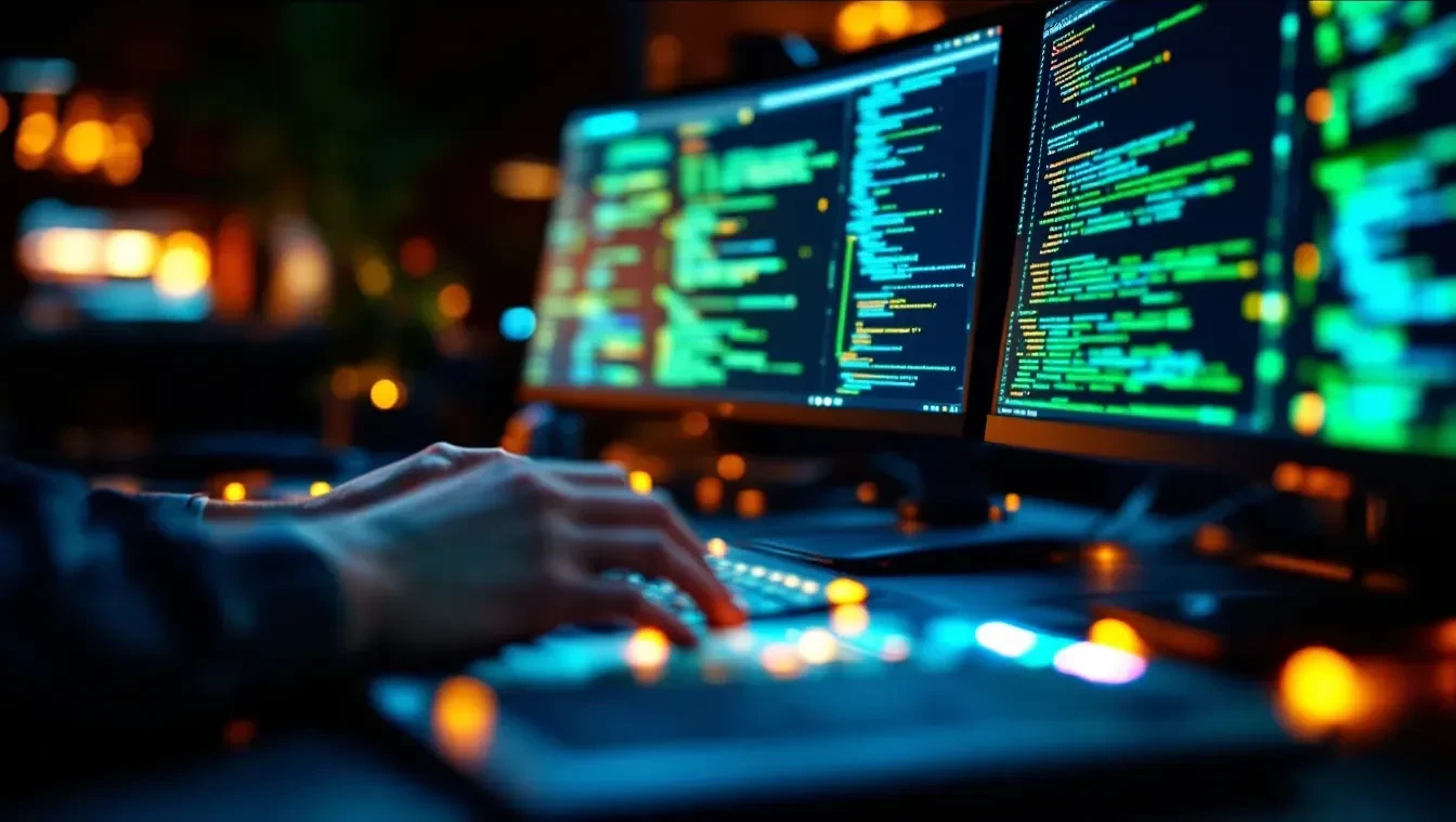 Photorealistic close-up of a developer's hands typing on a mechanical keyboard in a dimly lit office at night, multiple 