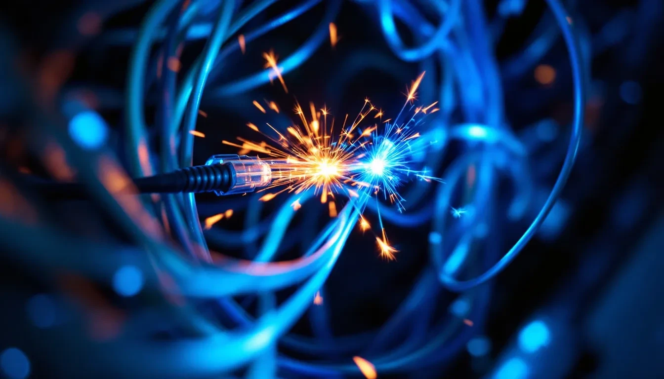 A photoreal close-up of tangled fiber optic cables glowing blue and amber in a dark server room, with one cable visibly 