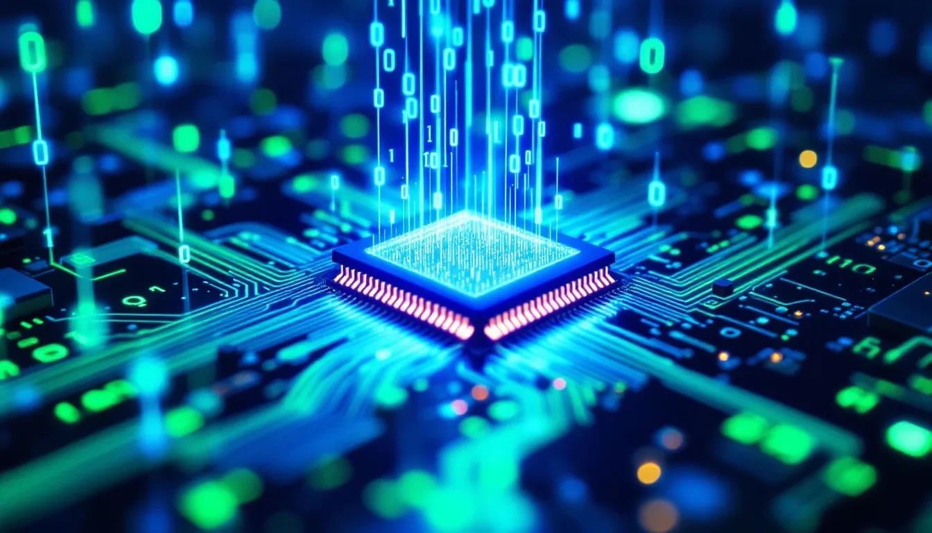 A photoreal close-up of a computer circuit board bathed in cool blue light, with streams of green binary code cascading 