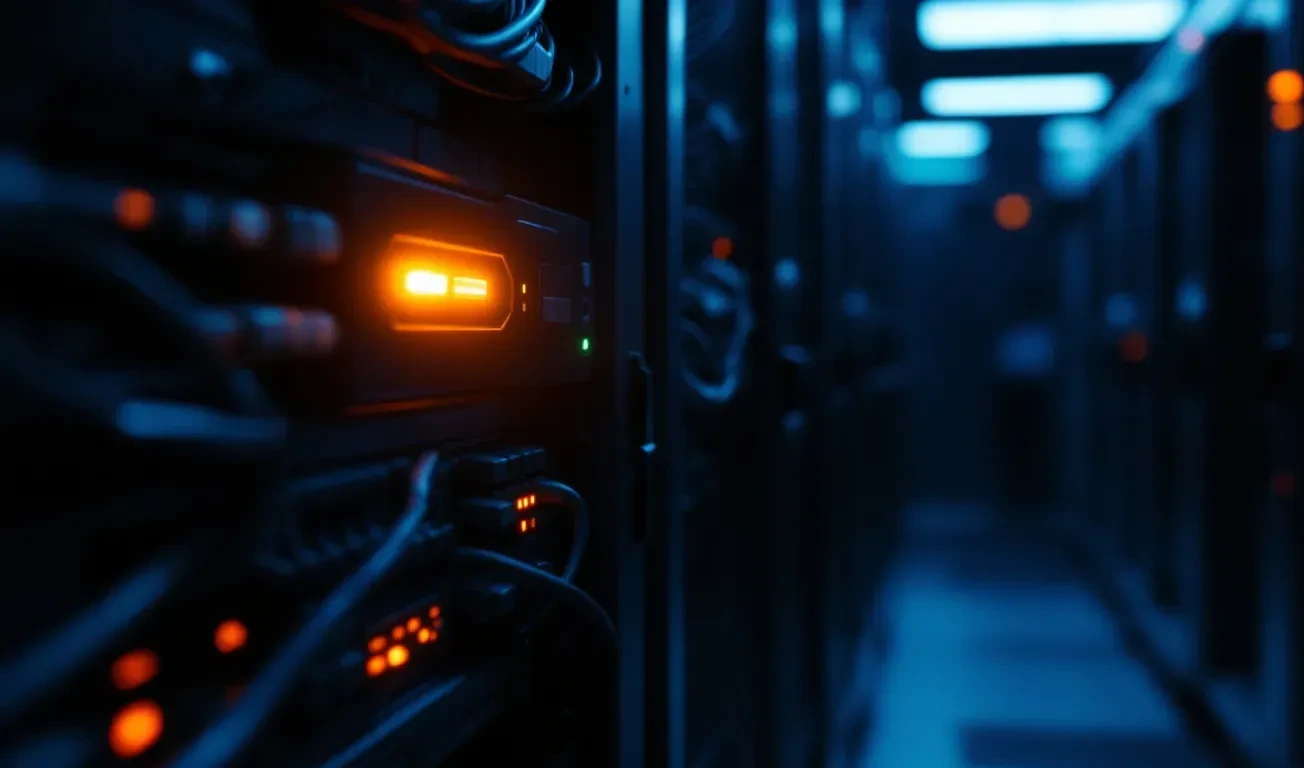 A photoreal editorial scene showing a server rack in a dimly lit enterprise data center, one server unit with a blinking