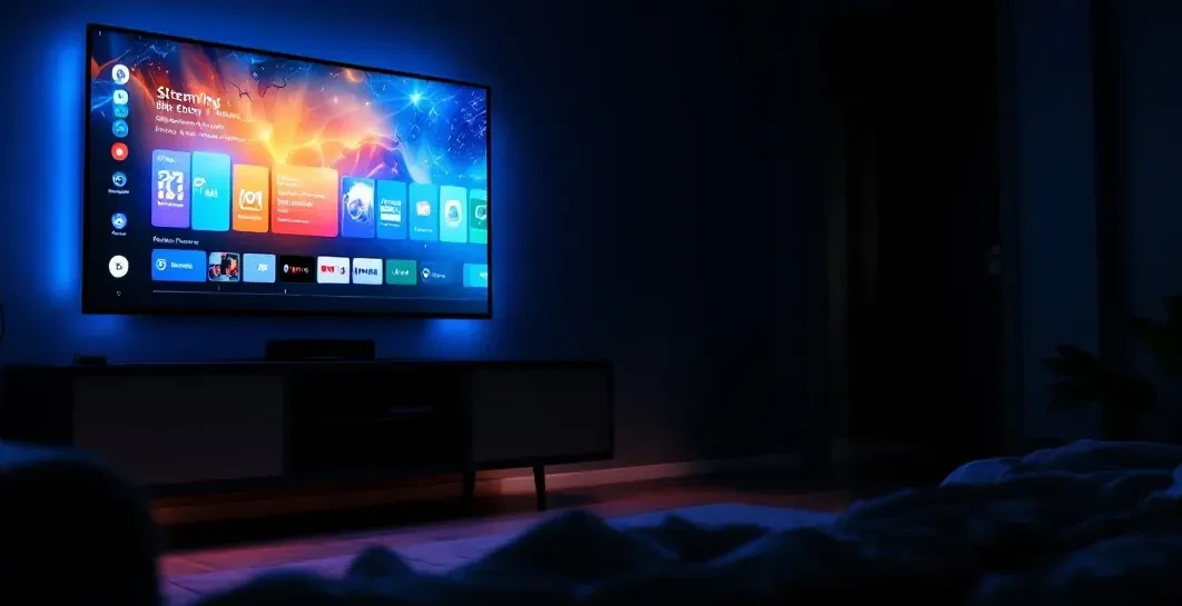 A photorealistic wide-angle shot of a dimly lit modern living room at night, a large smart television glowing with a str