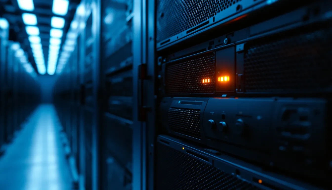 A close-up photoreal shot of a server rack in a dimly lit enterprise data center, with one server panel illuminated by a