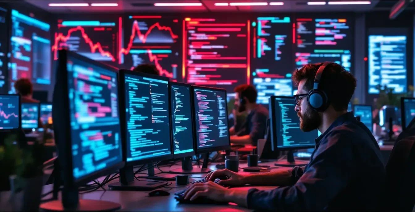 A photorealistic scene of a busy software development office with engineers working on computers, digital screens showin