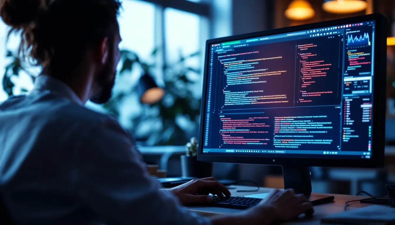 A photorealistic scene of a cybersecurity analyst examining a computer screen with lines of code, depicting a race condi