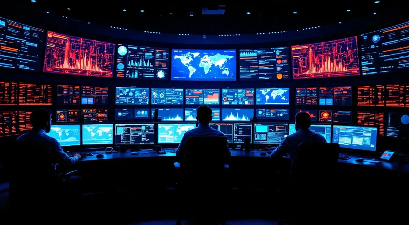 A federal government cybersecurity operations center at night, analysts seated at curved workstations covered in multi-m