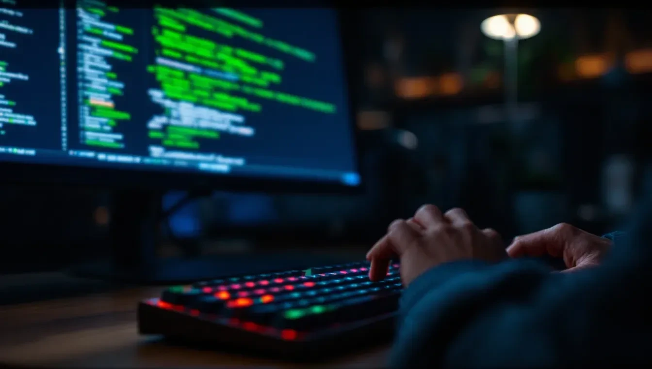 A close-up photoreal editorial scene of a developer's hands at a mechanical keyboard in a dimly lit office, a terminal w