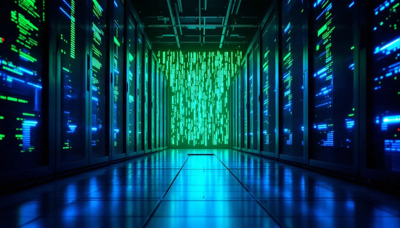 A photoreal editorial scene of a glowing blue server rack inside a dimly lit data center, with cascading green terminal 