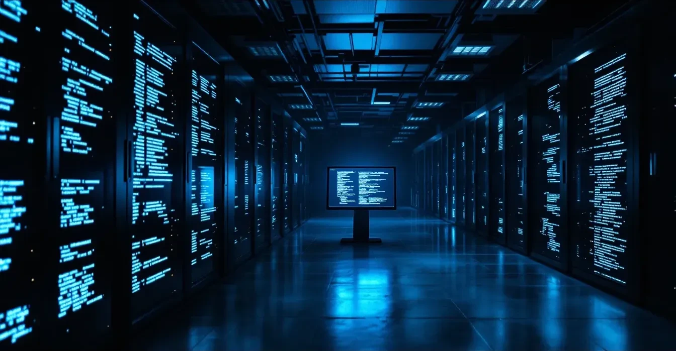 Photoreal editorial scene: a dimly lit university server room at night, rows of blinking rack-mounted servers casting bl