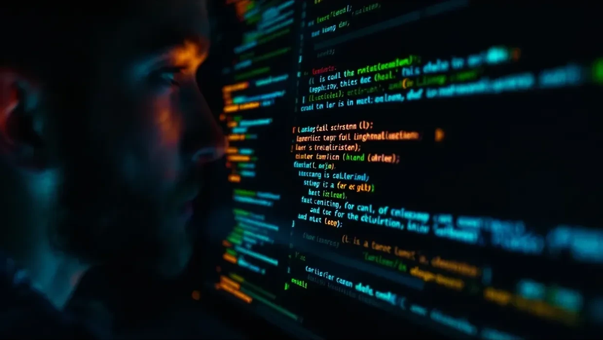 A photorealistic close-up of a terminal screen glowing in a dark room showing lines of shell script code, with faint gre