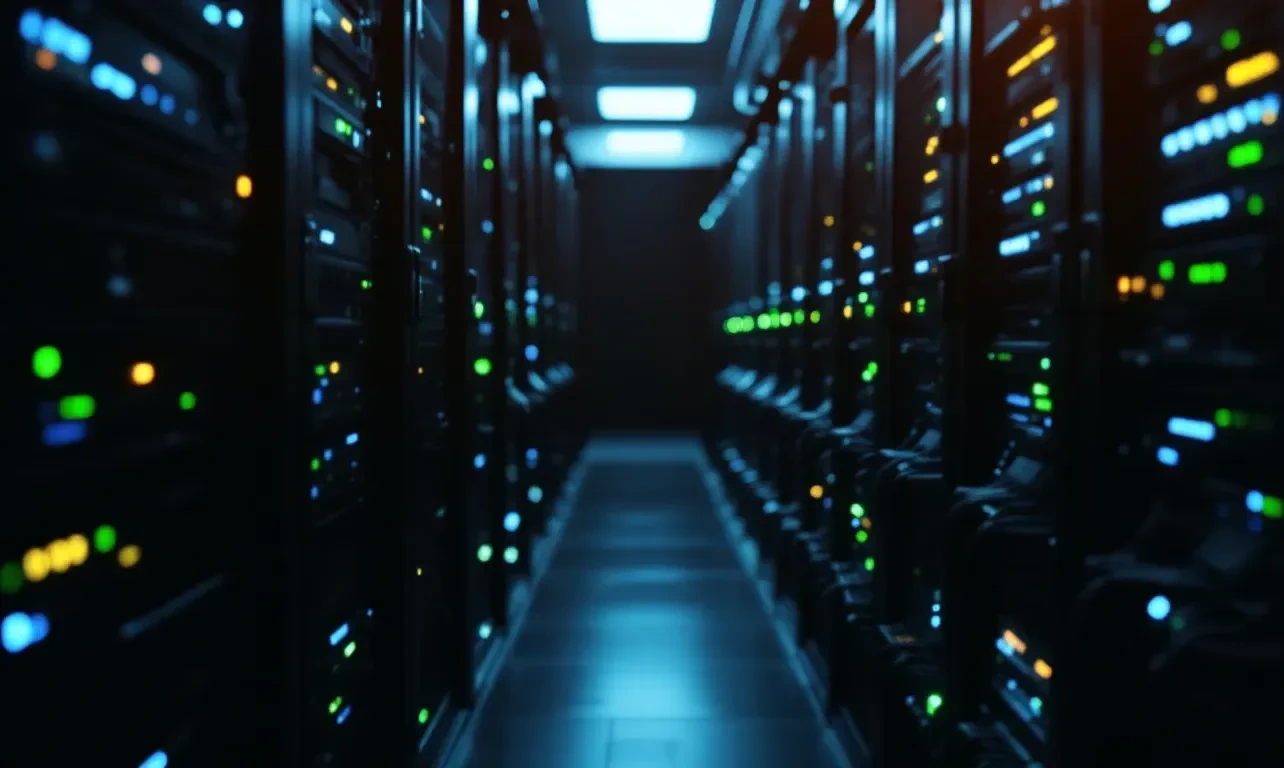 A photoreal editorial scene shot in a dark server room: rows of black rack-mounted servers glow with faint blue and gree