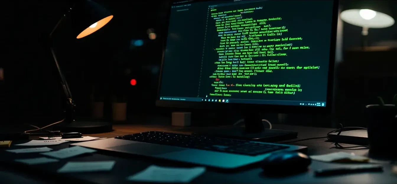 A dimly lit developer workstation at night showing a terminal screen with cascading green text and package build output,