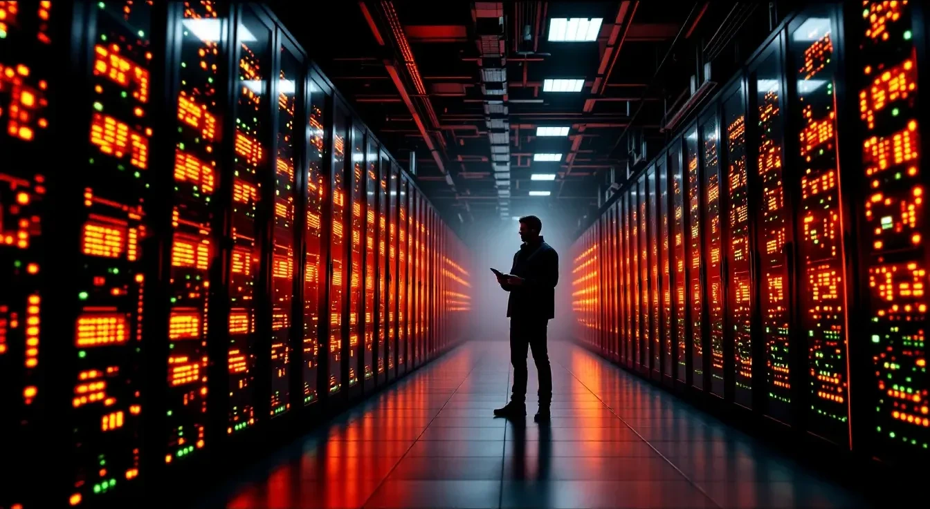 A photoreal editorial scene showing a large server room with rows of illuminated rack servers, half of the racks display