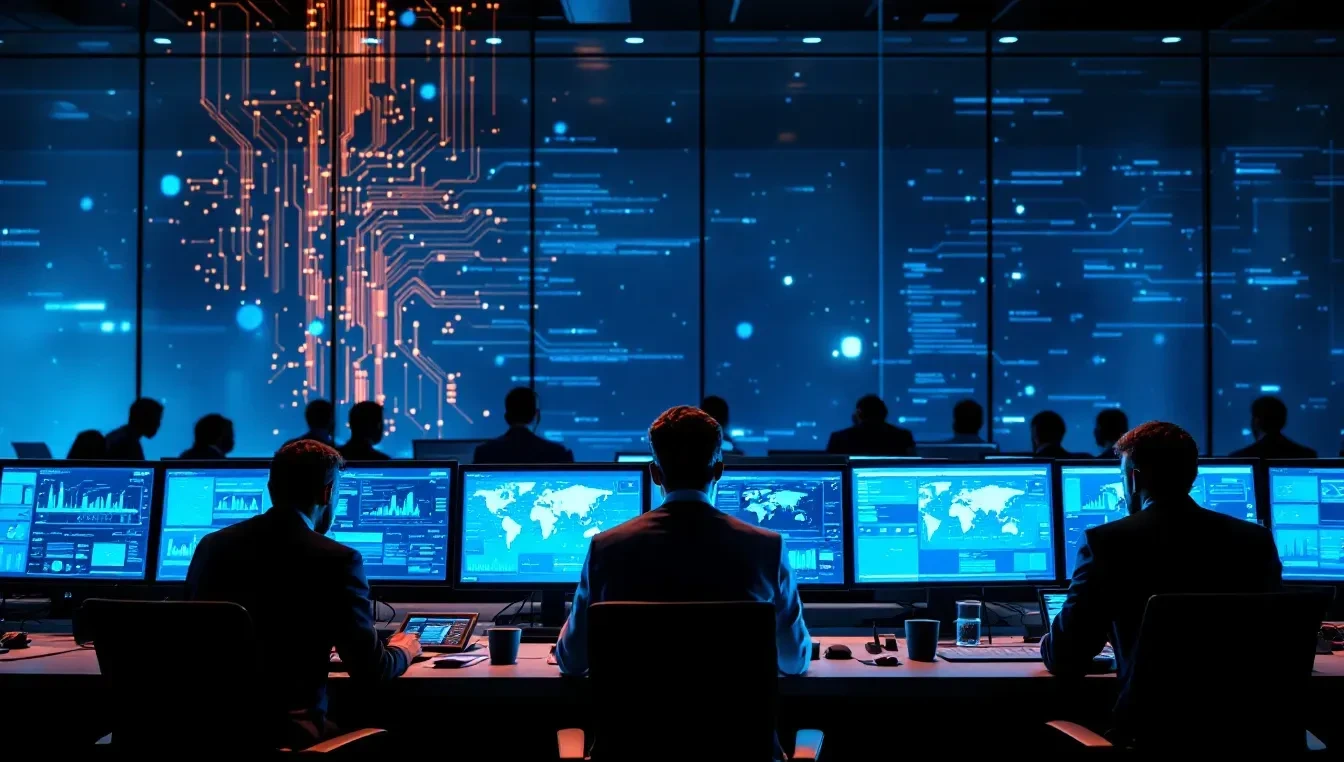 A photoreal editorial scene inside a modern government operations center at night: rows of monitors casting blue light o