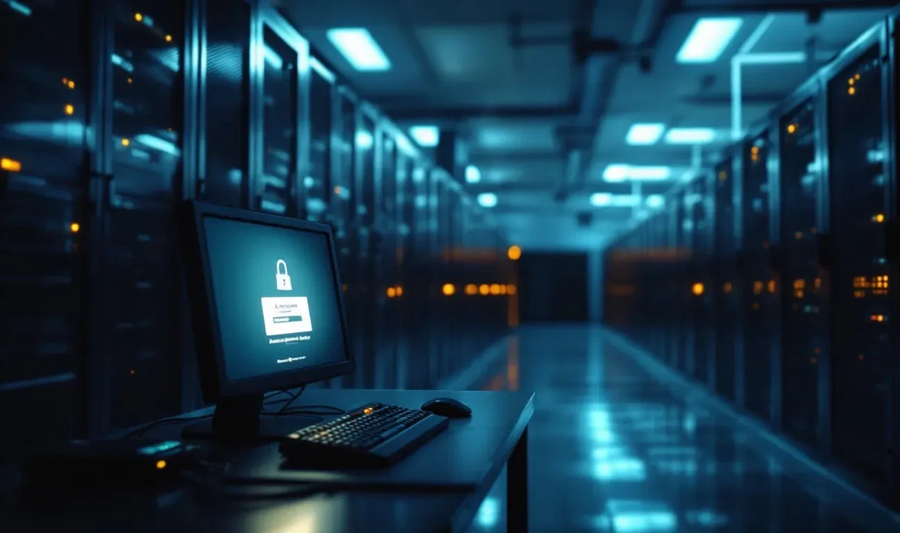 Photoreal editorial scene: an empty school district IT server room at night, fluorescent lights flickering, a lone works