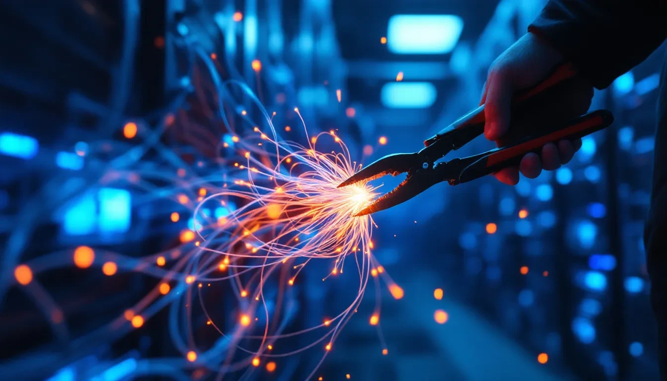 A photoreal editorial scene showing a tangled mass of glowing fiber-optic cables being severed by a pair of heavy-duty b