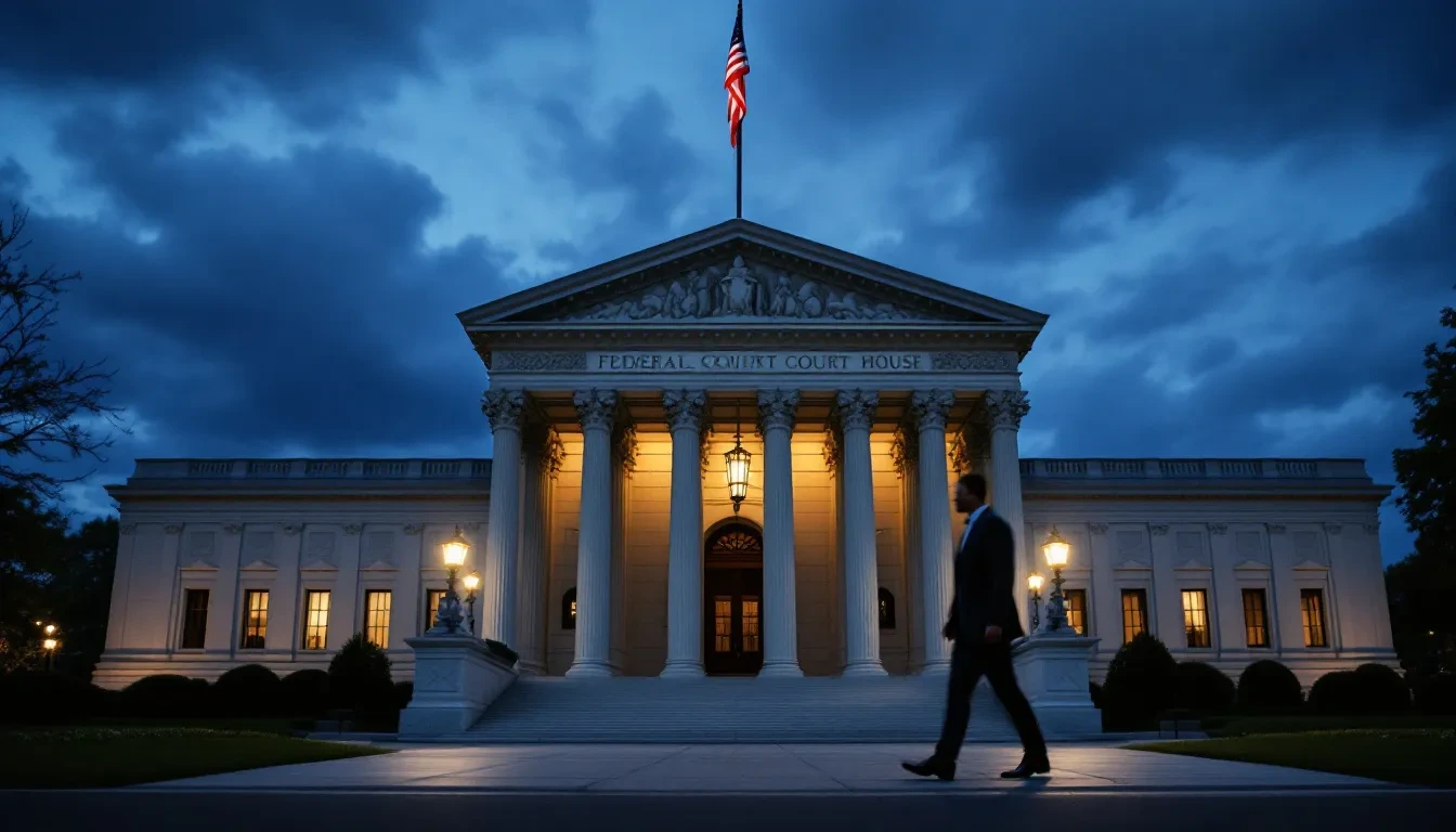 A wide-angle photoreal editorial scene showing a federal courthouse exterior at dusk, with the American flag lit by floo