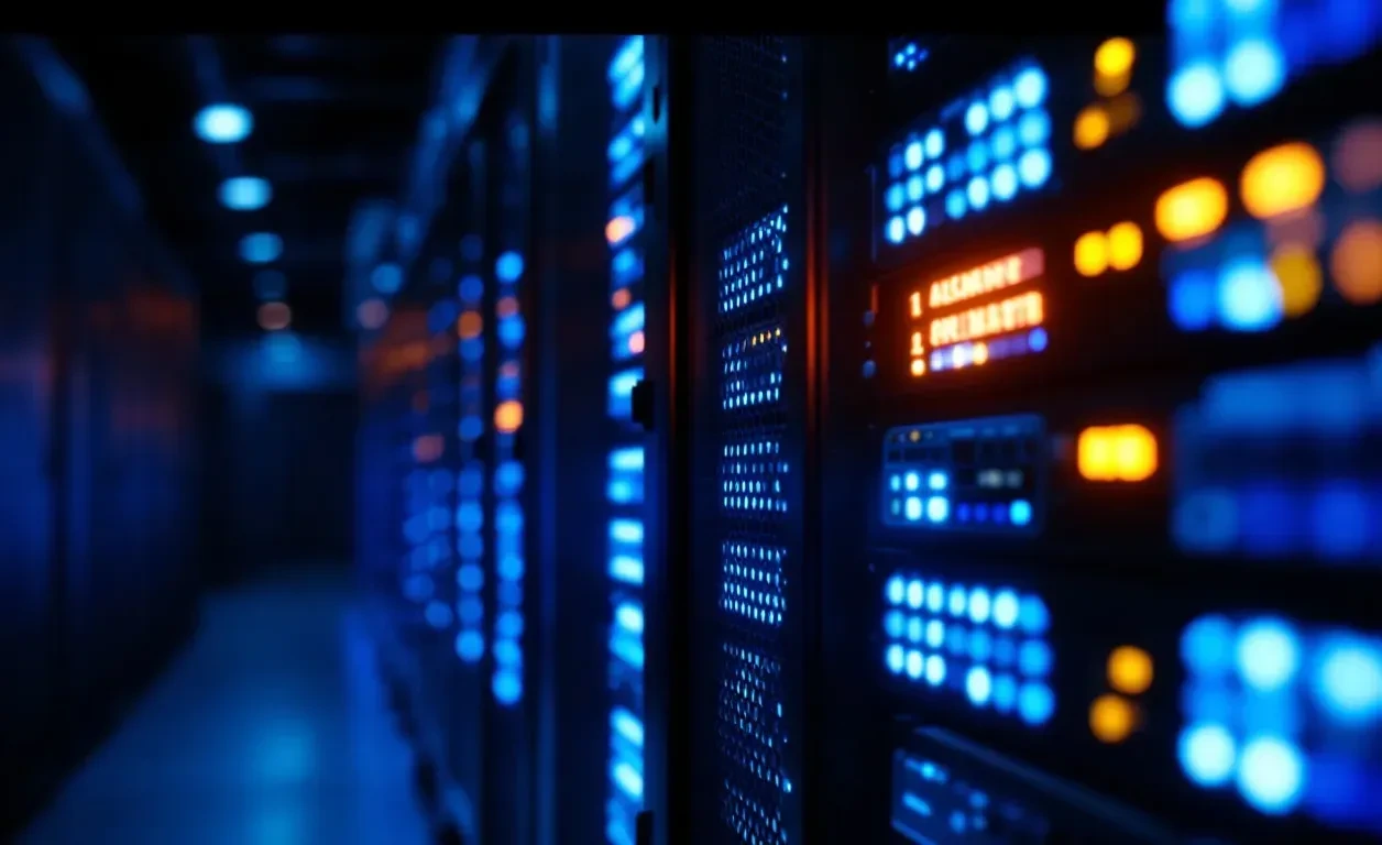 A photorealistic editorial scene of a server rack in a dimly lit data center, shot from a low angle with shallow depth o