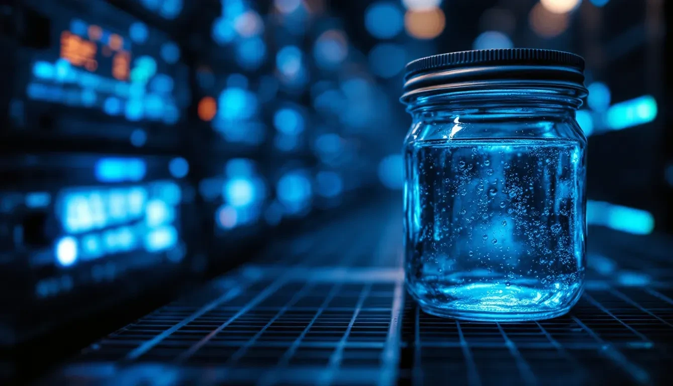 A photoreal editorial close-up of a glass jar sealed with a metal lid sitting on a server rack inside a dimly lit data c