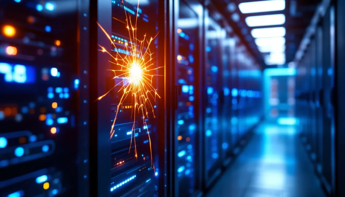 A photorealistic editorial scene of a glowing blue computer server rack in a dark enterprise data center, with a single 