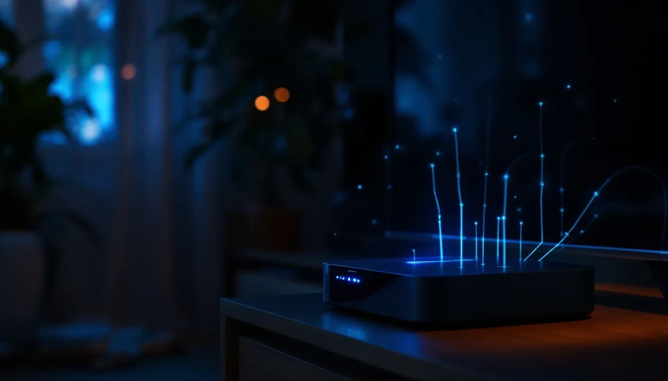 A photorealistic editorial scene of a dimly lit living room at night, a cheap plastic Android TV streaming box glowing w