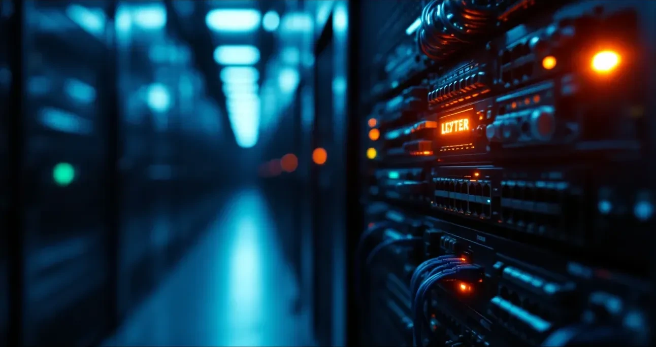 A photoreal editorial scene of a server rack in a dimly lit data center, with a single amber warning light casting a glo