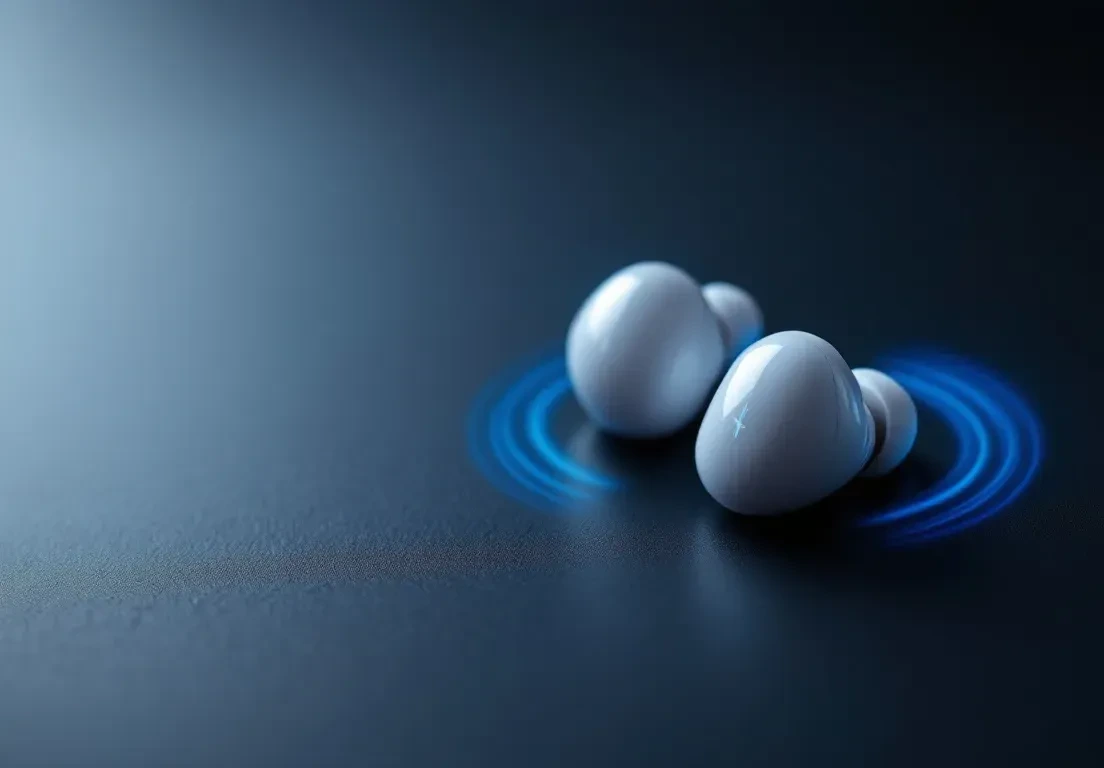 A pair of sleek white wireless earbuds resting on a dark matte surface, soft blue Bluetooth signal waves glowing faintly