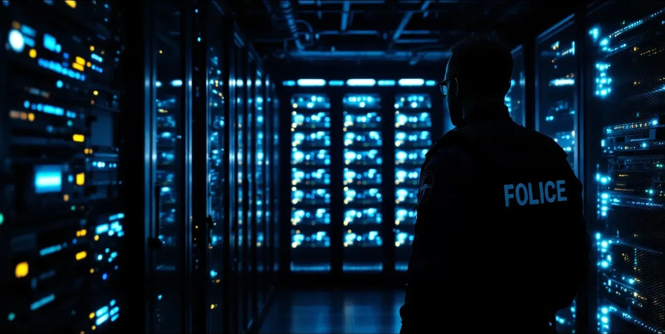 Photoreal editorial scene: a dimly lit server room with blue-tinted rack lighting, a law enforcement officer in dark tac