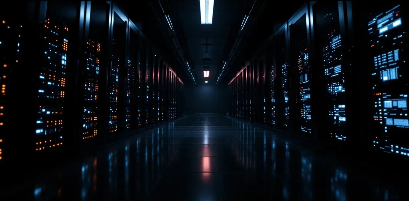 A dramatic low-angle shot of a server room corridor at night, rows of blinking rack-mounted servers fading into darkness