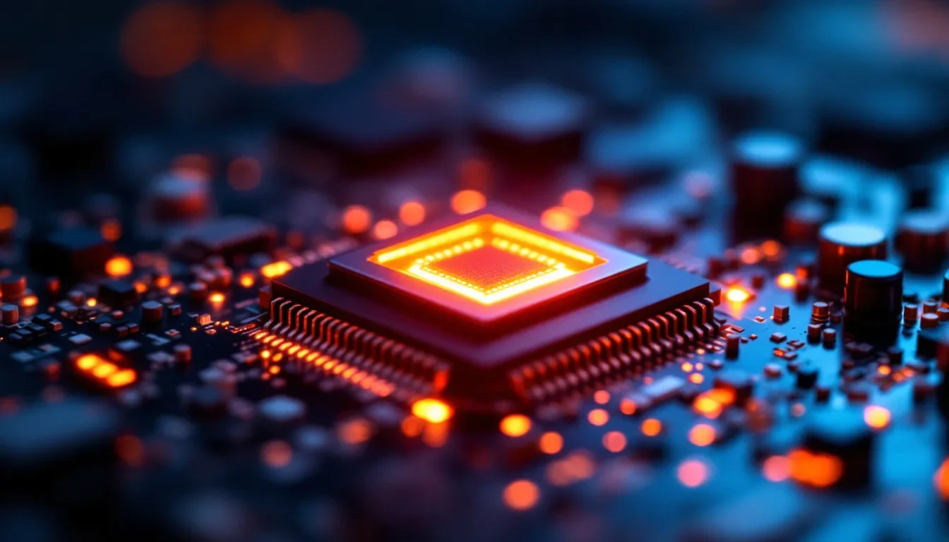 A close-up macro photograph of a modern mobile processor chip on a circuit board, with a thin beam of ultraviolet light 