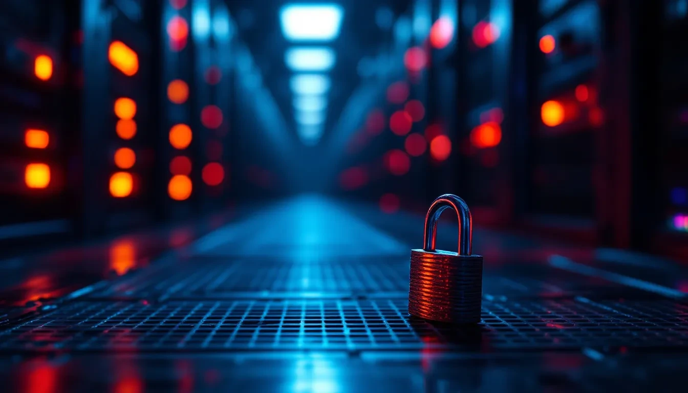A dramatic close-up photoreal editorial scene inside a dark server room bathed in blue and red lighting. In the foregrou