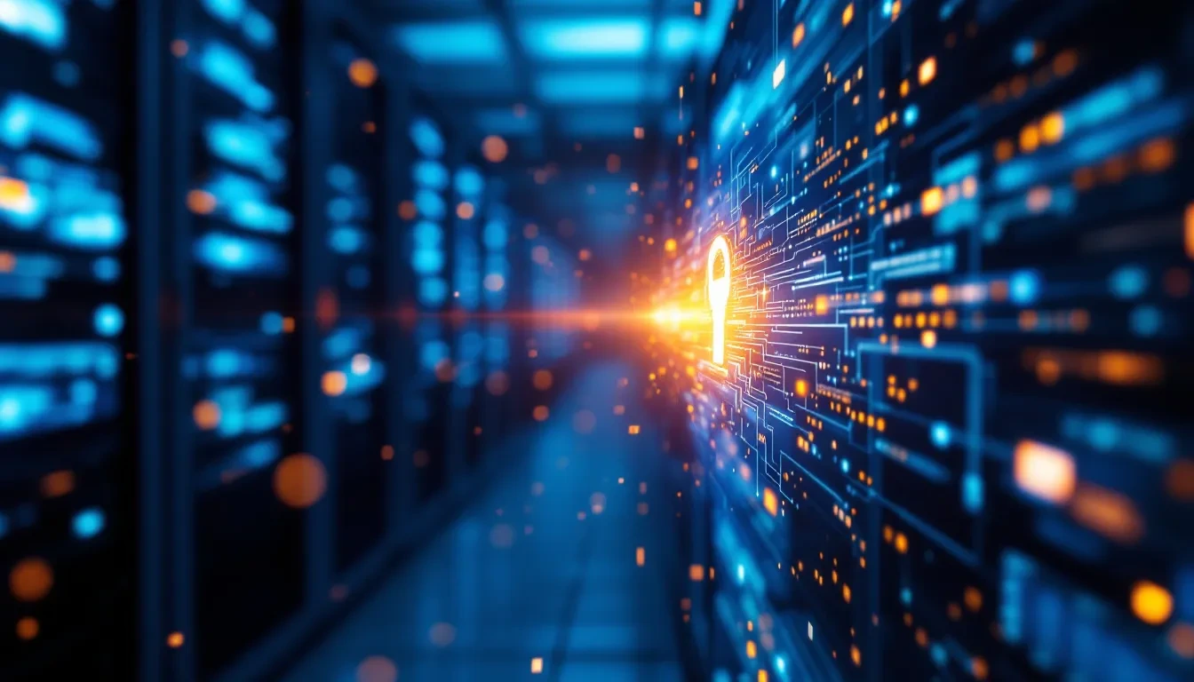 Photoreal editorial scene: a glowing digital key dissolving into streams of data inside a dark server room, shallow dept