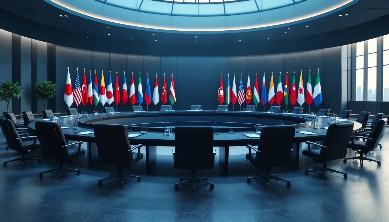 A wide-angle photoreal editorial scene of a modern international summit chamber, empty leather chairs arranged in a circ