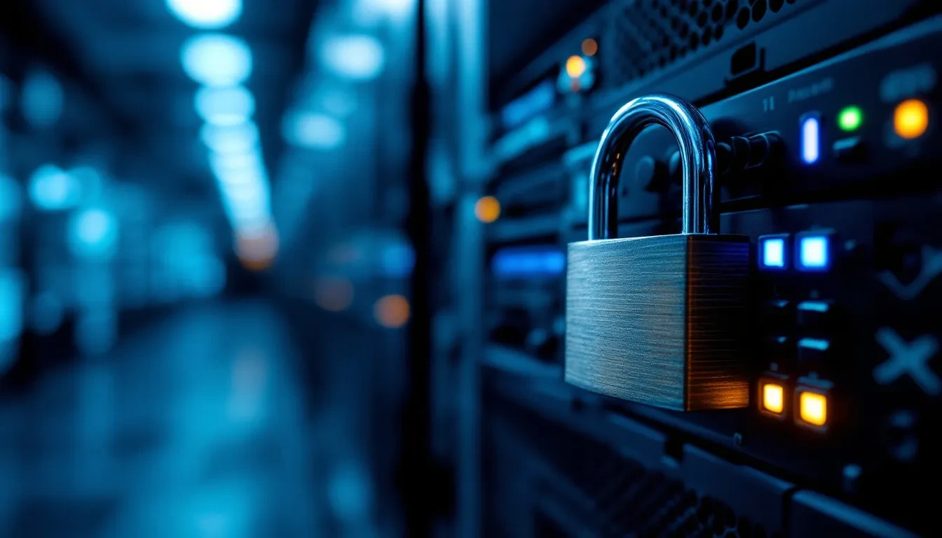 A photoreal close-up of a physical server rack in a dimly lit data center, with a single open padlock resting on a cable