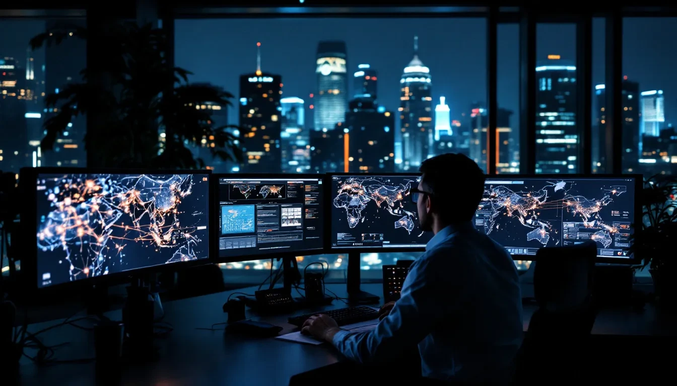 Photoreal editorial scene: a dimly lit operations center in a Southeast Asian city at night, multiple large monitors dis