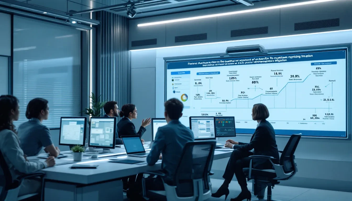 A futuristic government office with computer screens displaying cryptographic algorithms, diverse professionals engaged 