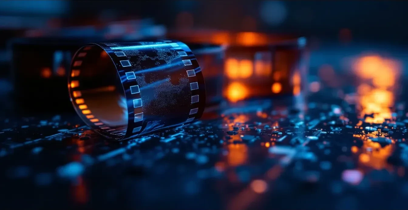 A photoreal close-up of a film strip partially unwinding from a damaged reel on a dark server room floor, with dramatic 