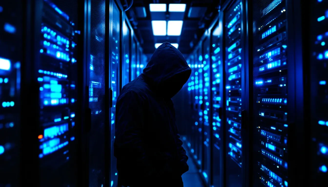 A photoreal editorial scene inside a dimly lit corporate server room at night, a hooded figure reflected faintly in a ra