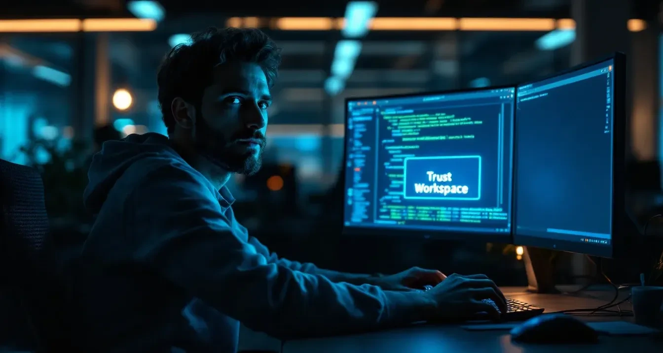 Photoreal editorial scene: a software developer sitting at a dual-monitor workstation in a dimly lit open-plan office, f