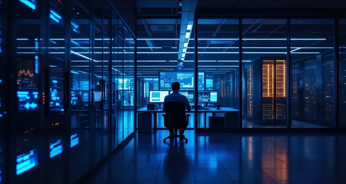 Photoreal editorial scene: a darkened government server room in Southeast Asia, rows of illuminated rack-mounted servers