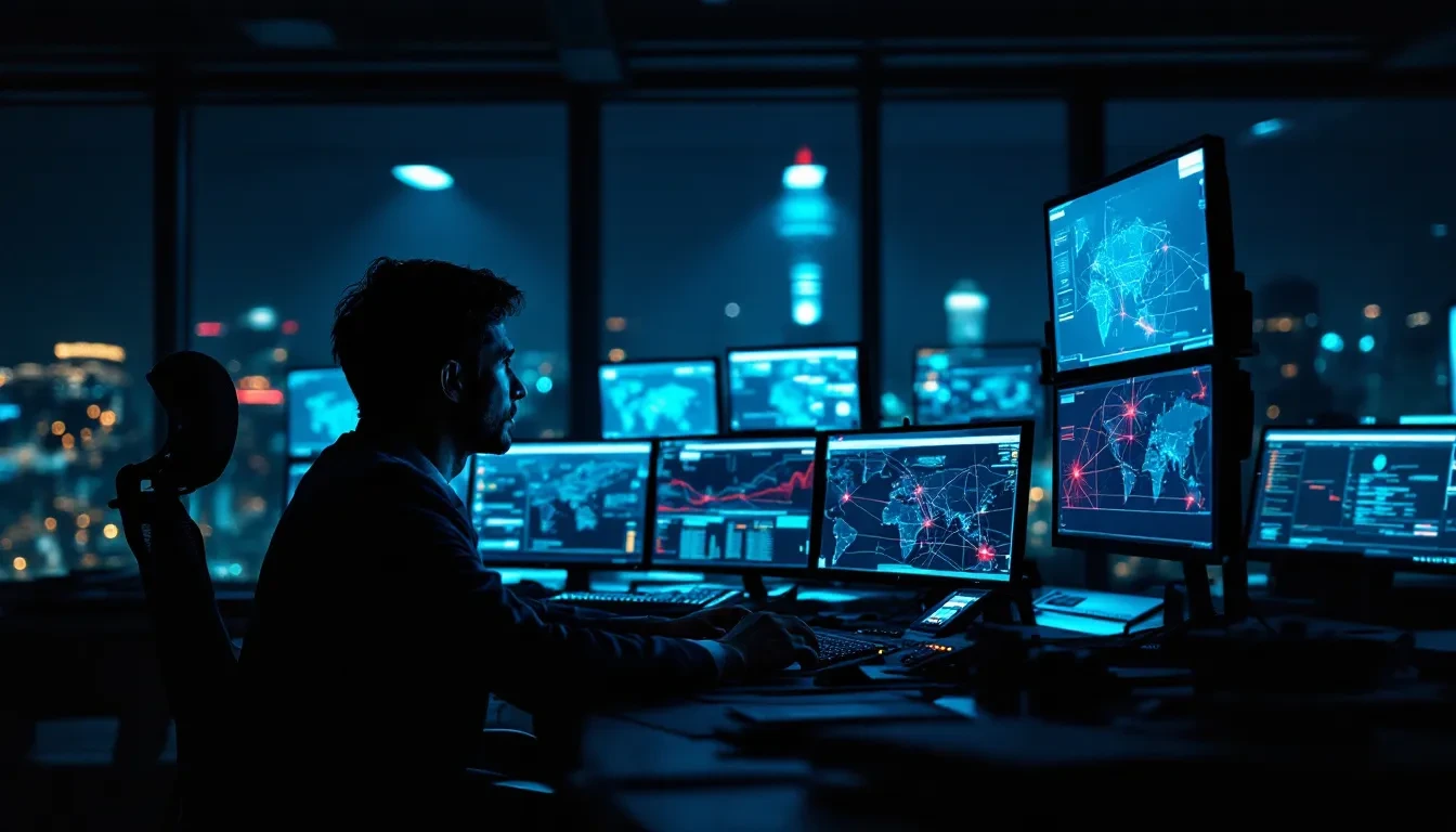 A photoreal editorial scene of a darkened government operations center in Asia at night, multiple monitors displaying ne