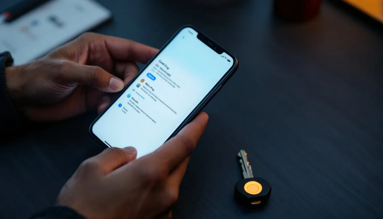 A close-up editorial photograph of a person's hands holding a smartphone displaying a blurred messaging app settings scr