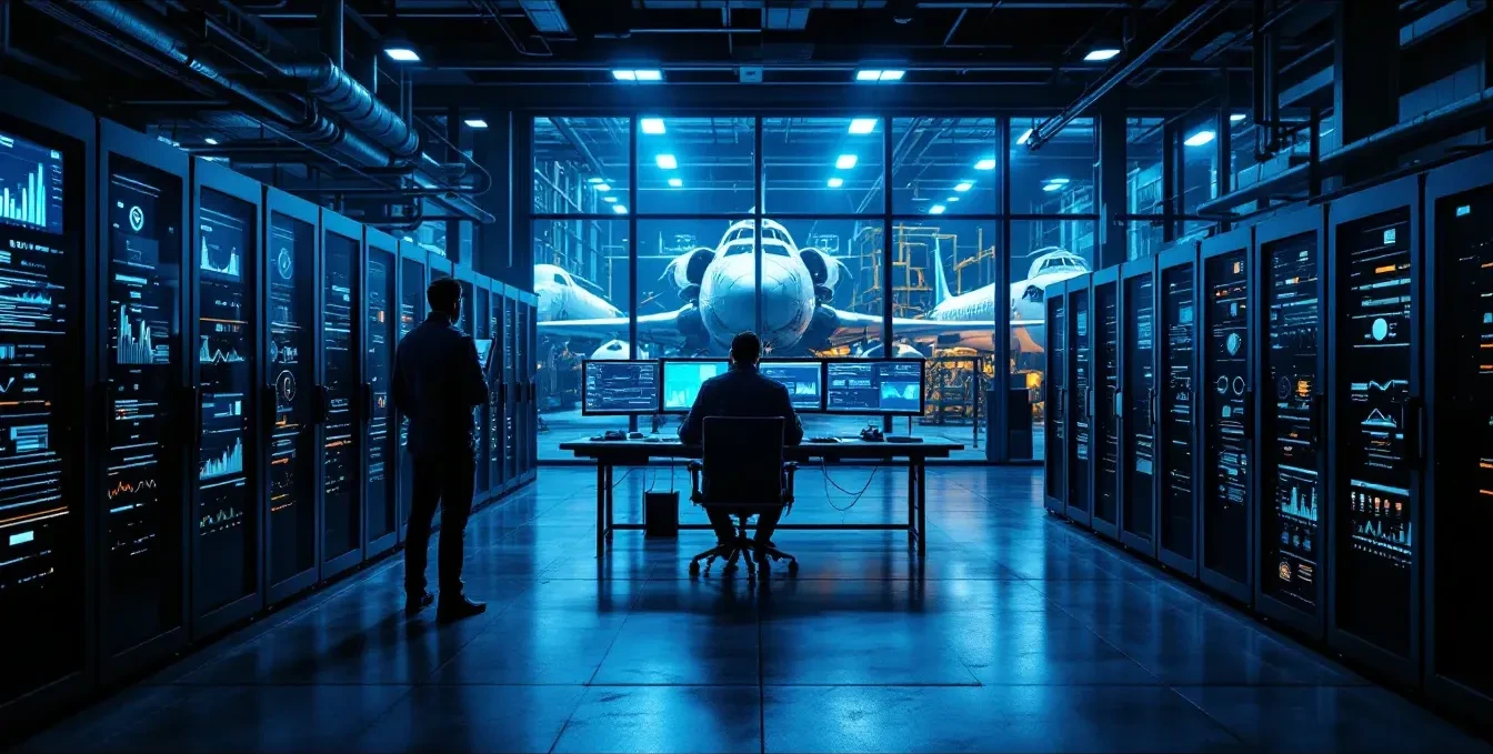 Photoreal editorial scene: a dimly lit industrial server room inside a large manufacturing facility, rows of humming rac